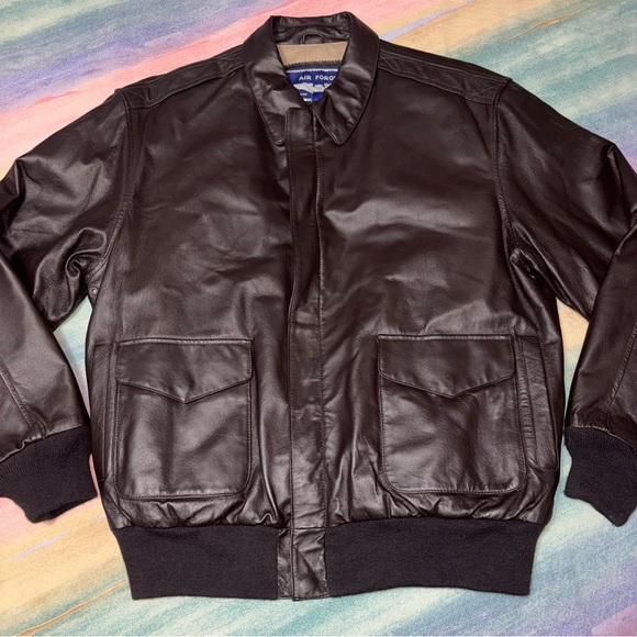 Air Force Airborne Leathers Brown Leather Bomber Jacket with US Flag Size L T - Picture 2 of 10